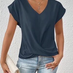 Elegant Navy Blue V-Neck Women's Top